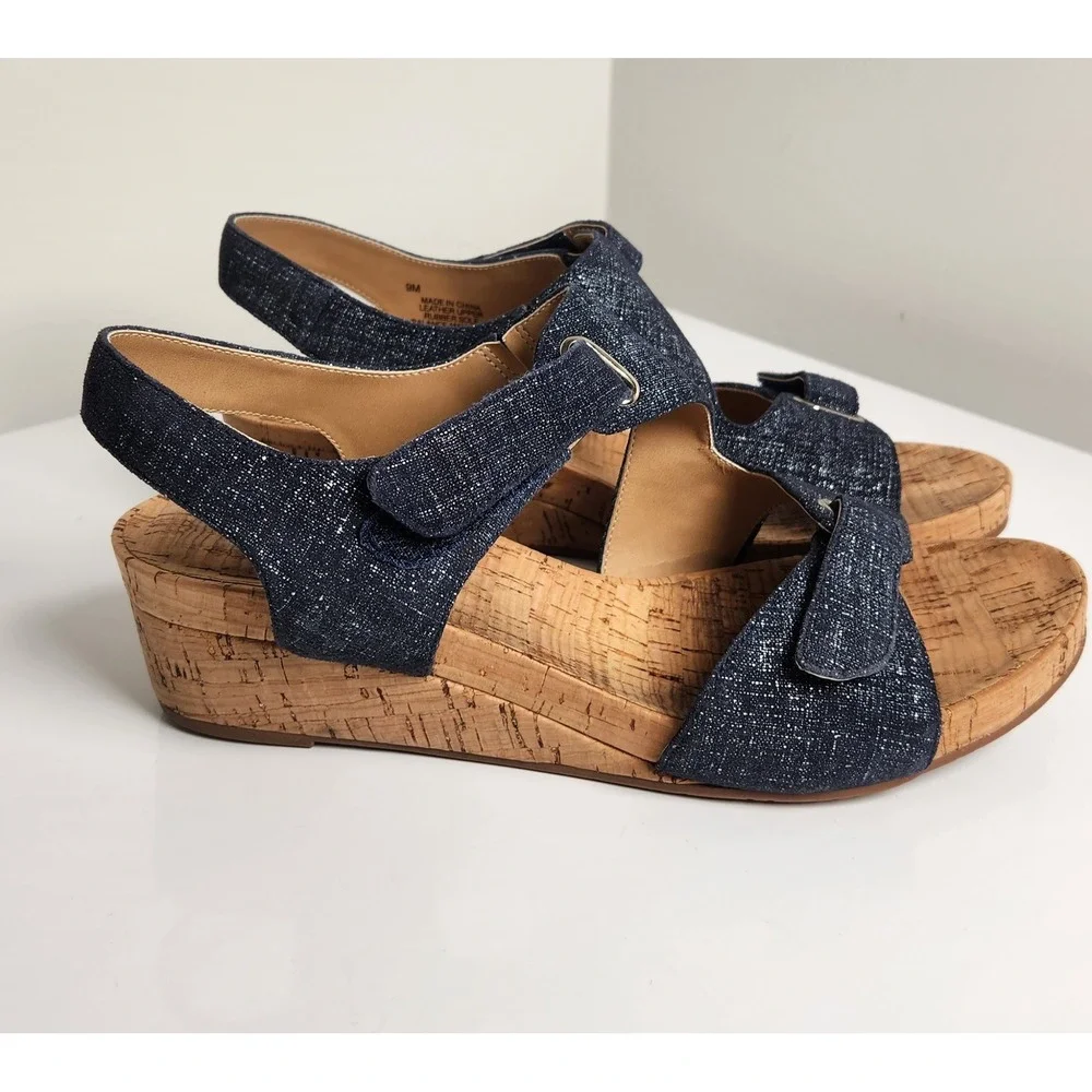 Women's Navy Shimmer Leather Cork Wedge Sandals Adjustable Straps Blue 9M